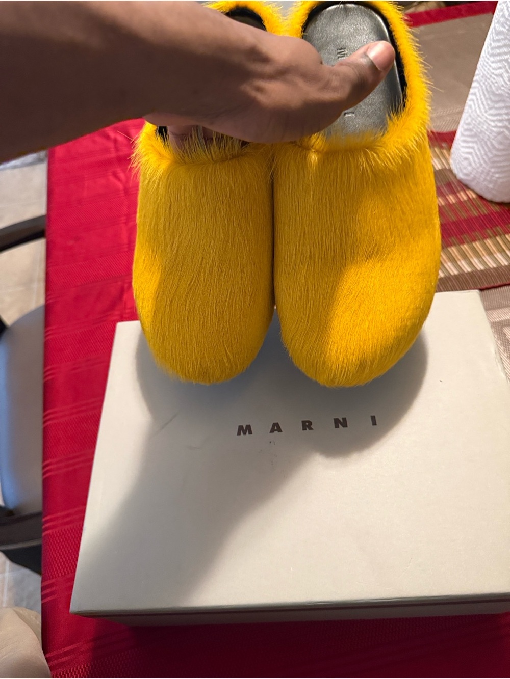 Marni Bright Yellow Fur Slide Mules